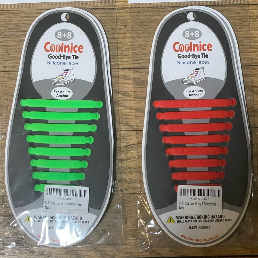 Set of 2 pairs COOLNICE Silicone No Tie Shoelaces for Adults / Red and Green